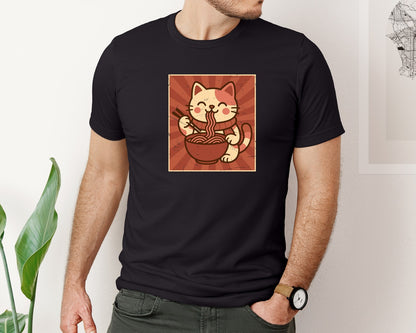 brand:Bella Canvas|color:Black|Kawaii Noodle Bowl Cute Cat Eating Ramen Graphic T-Shirt