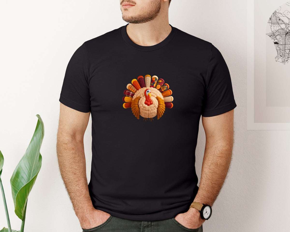 brand:Bella Canvas|color:Black|Cozy Turkey Embroidery Thanksgiving Graphic T-Shirt
