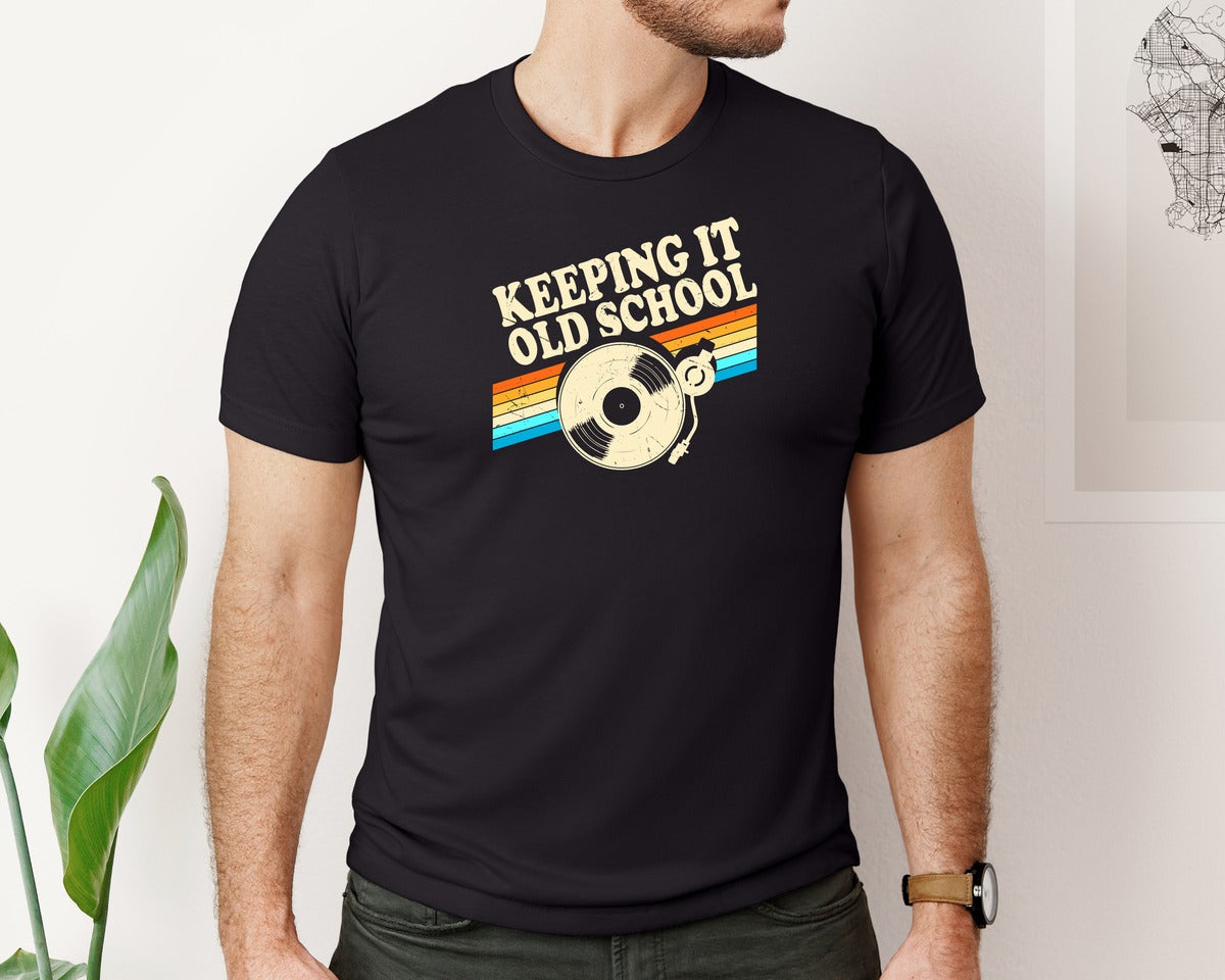 brand:Bella Canvas|color:Black|Vintage Vinyl Keeping It Old School Graphic T-Shirt