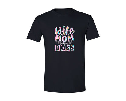 brand:Generic|color:Black|Brush Stroke Wife Mom Boss Graphic T-Shirt