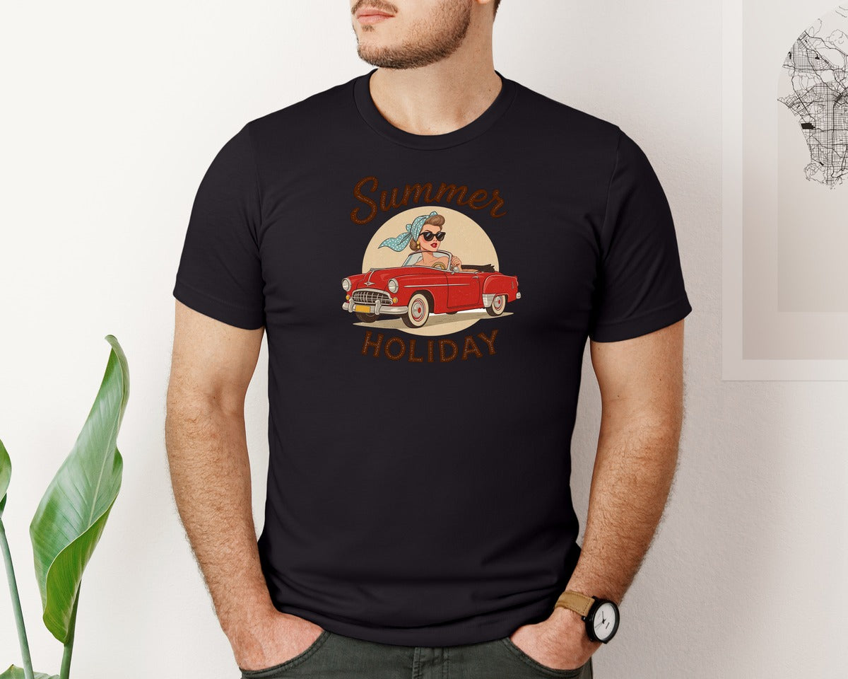 brand:Bella Canvas|color:Black|Summer Holiday Retro Girl Classic Car Graphic T-Shirt