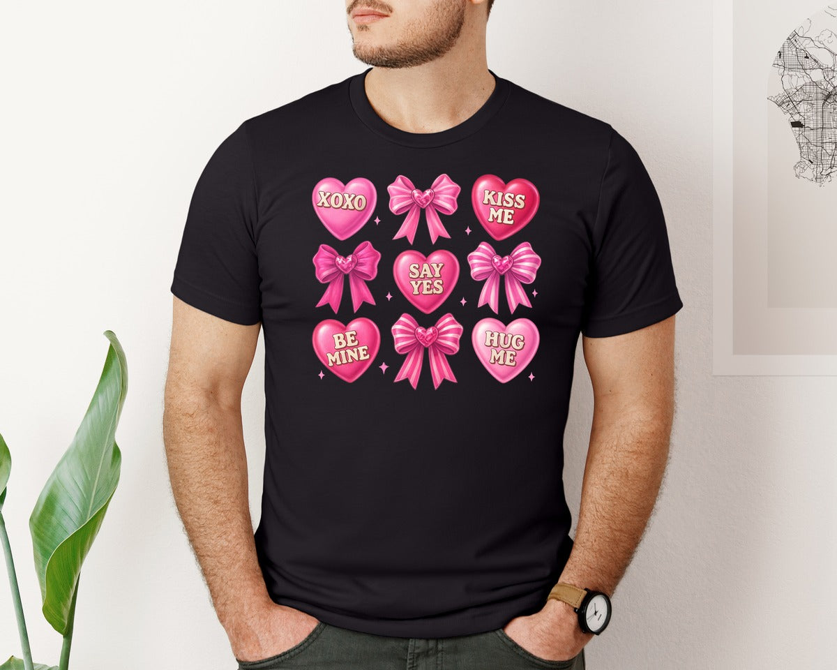 brand:Bella Canvas|color:Black|Valentine Coquette Bows Love Graphic T-Shirt