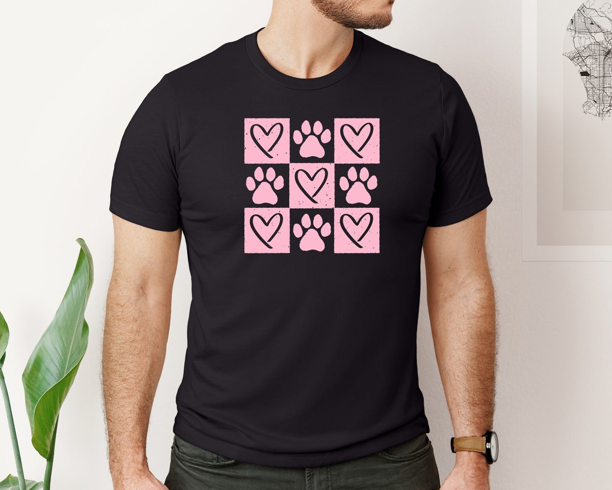 brand:Bella Canvas|color:Black|Checked Paw Dog Valentine Coquette 2 Graphic T-Shirt