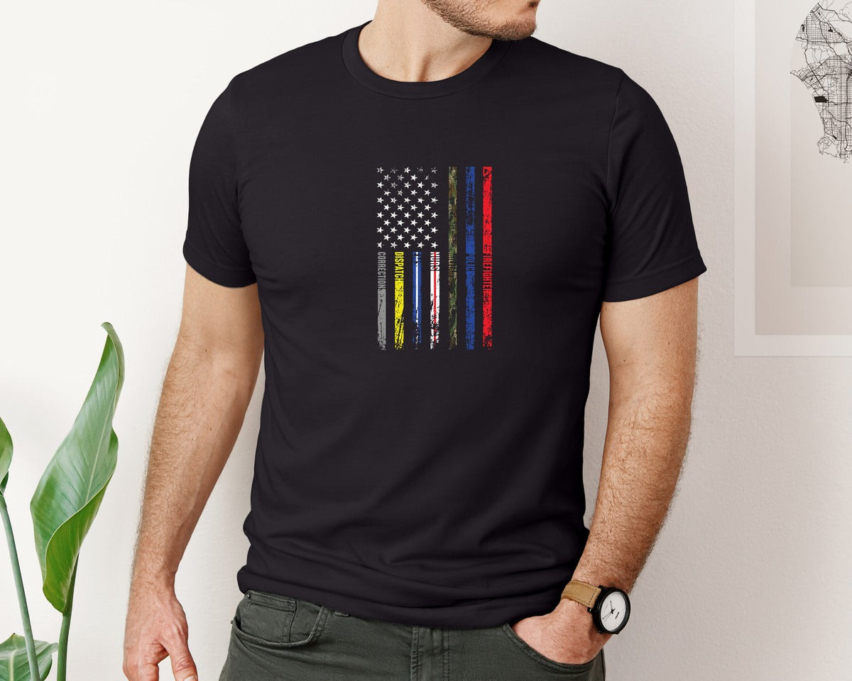 brand:Bella Canvas|color:Black|Thin Line Military Police Nurse Ems Fire 2 Graphic T-Shirt