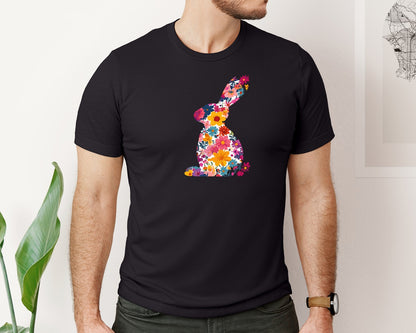 brand:Bella Canvas|color:Black|Floral Bunny Easter Rabbit Graphic T-Shirt