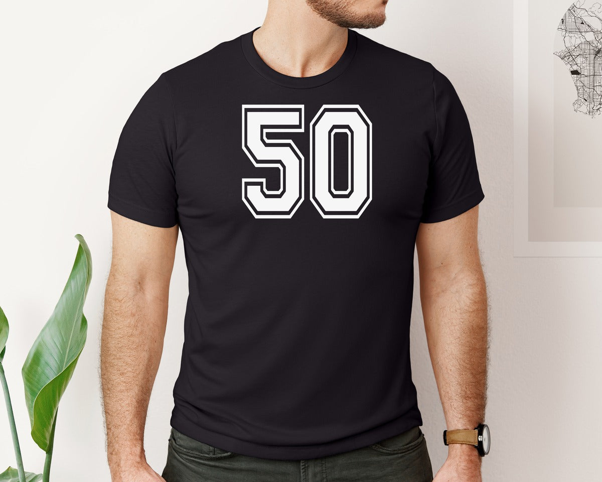 brand:Bella Canvas|color:Black|Number 50 Birthday Varsity Sports Team Graphic T-Shirt