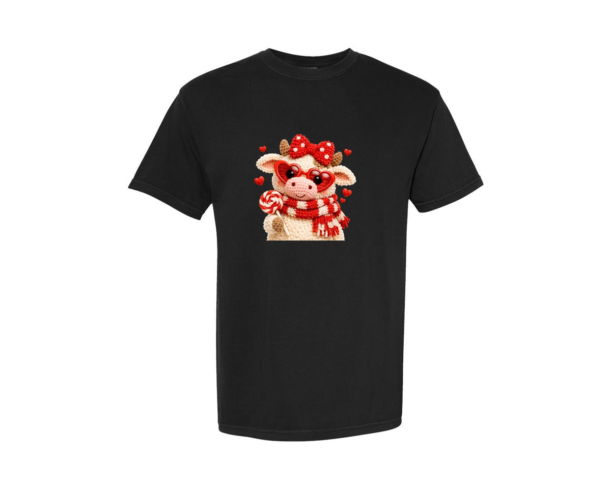 brand:Comfort Colors|color:Black|Highland Cow Valentine Crochet Graphic T-Shirt