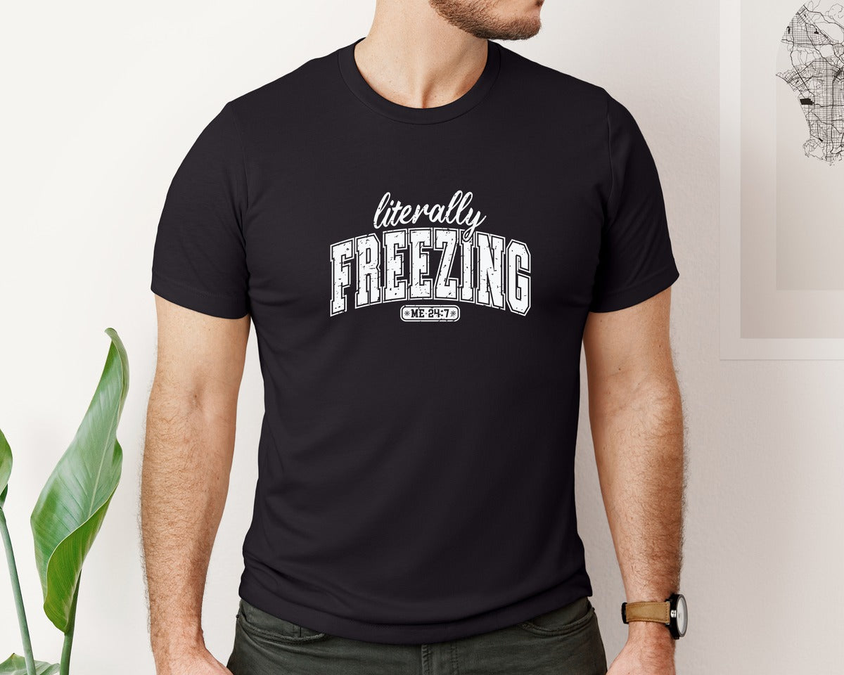 brand:Bella Canvas|color:Black|Literally Freezing Retro Winter Season Graphic T-Shirt