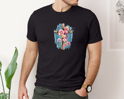brand:Bella Canvas|color:Black|Floral Christian Cross Graphic T-Shirt