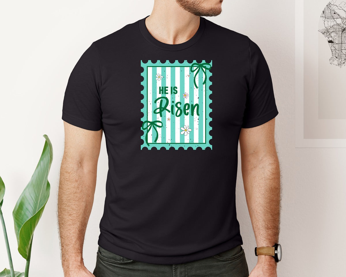 brand:Bella Canvas|color:Black|He Is Risen Postage Stamp Christian 2 Graphic T-Shirt