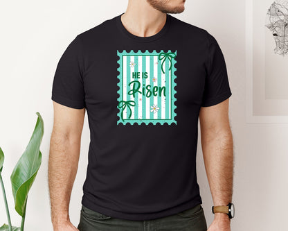 brand:Bella Canvas|color:Black|He Is Risen Postage Stamp Christian 2 Graphic T-Shirt