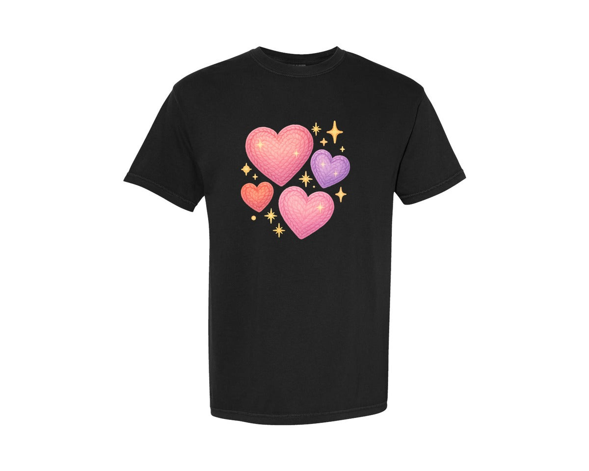 brand:Comfort Colors|color:Black|Faux Crochet Sparkle Hearts Graphic T-Shirt