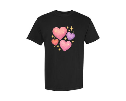 brand:Comfort Colors|color:Black|Faux Crochet Sparkle Hearts Graphic T-Shirt