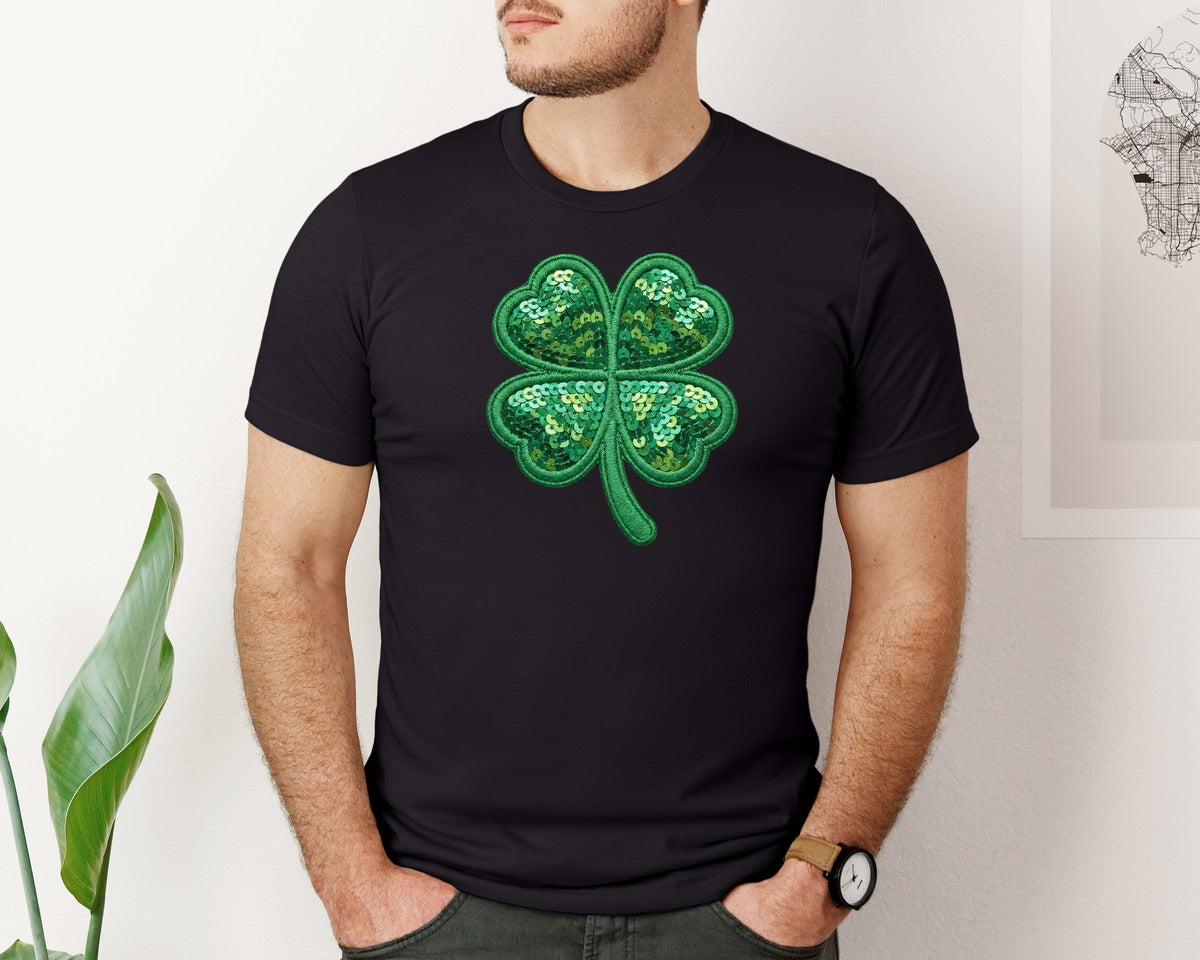 brand:Bella Canvas|color:Black|Sequin Shamrock Clover Graphic T-Shirt