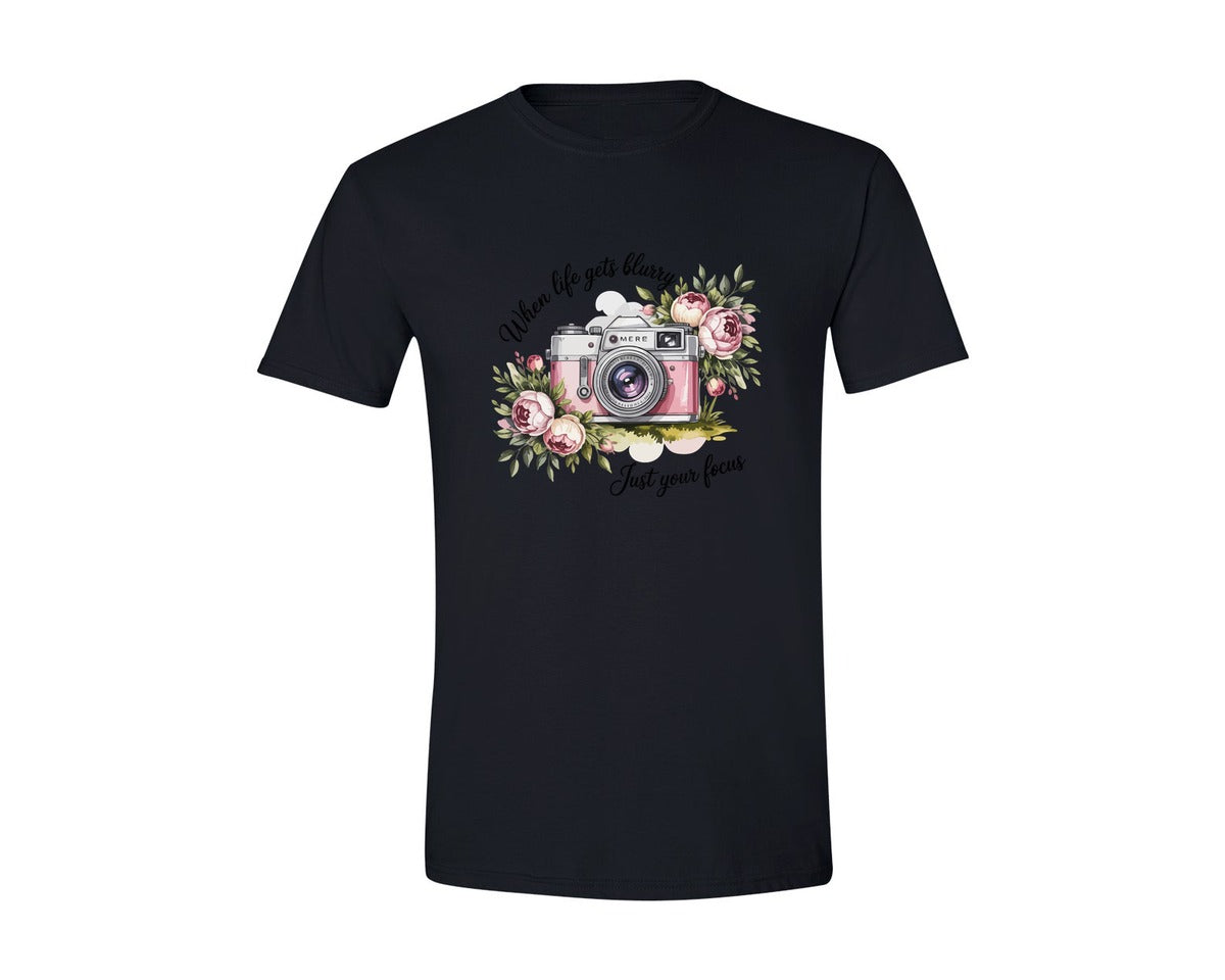 brand:Generic|color:Black|Floral Camera Blurry Life Quote Graphic T-Shirt