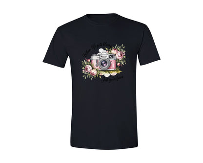 brand:Generic|color:Black|Floral Camera Blurry Life Quote Graphic T-Shirt