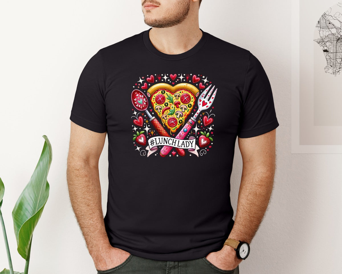 brand:Bella Canvas|color:Black|Lunch Lady Heart Pizza Funny 2 Graphic T-Shirt
