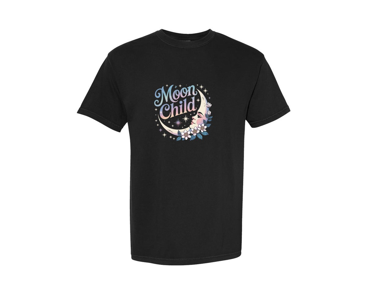 brand:Comfort Colors|color:Black|Moon Child Celestial And Floral T Shirt Graphic T-Shirt