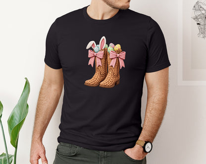 brand:Bella Canvas|color:Black|Cowboy Boots Easter Coquette Graphic T-Shirt