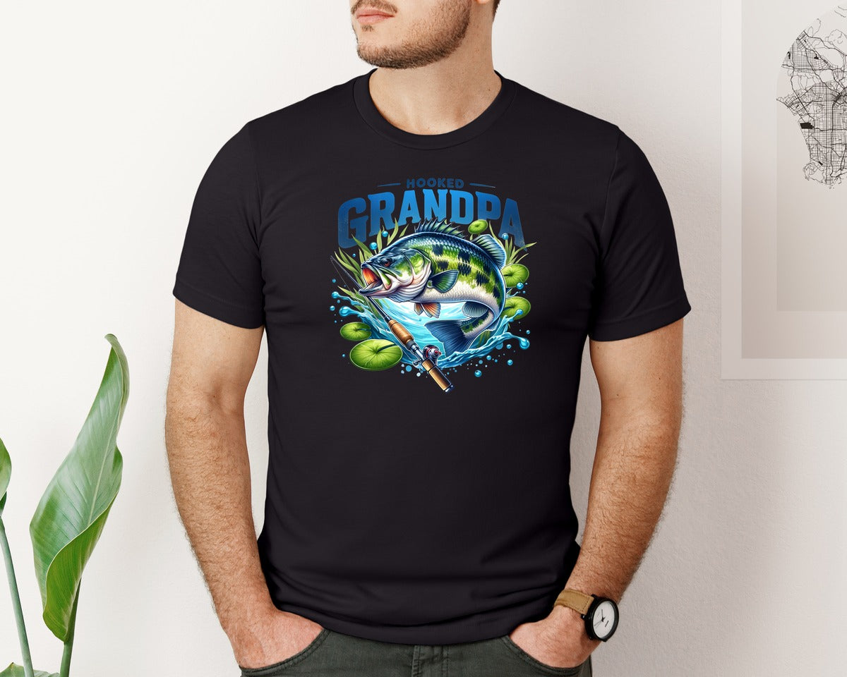 brand:Bella Canvas|color:Black|Funny Hooked Grandpa Fishing Graphic T-Shirt