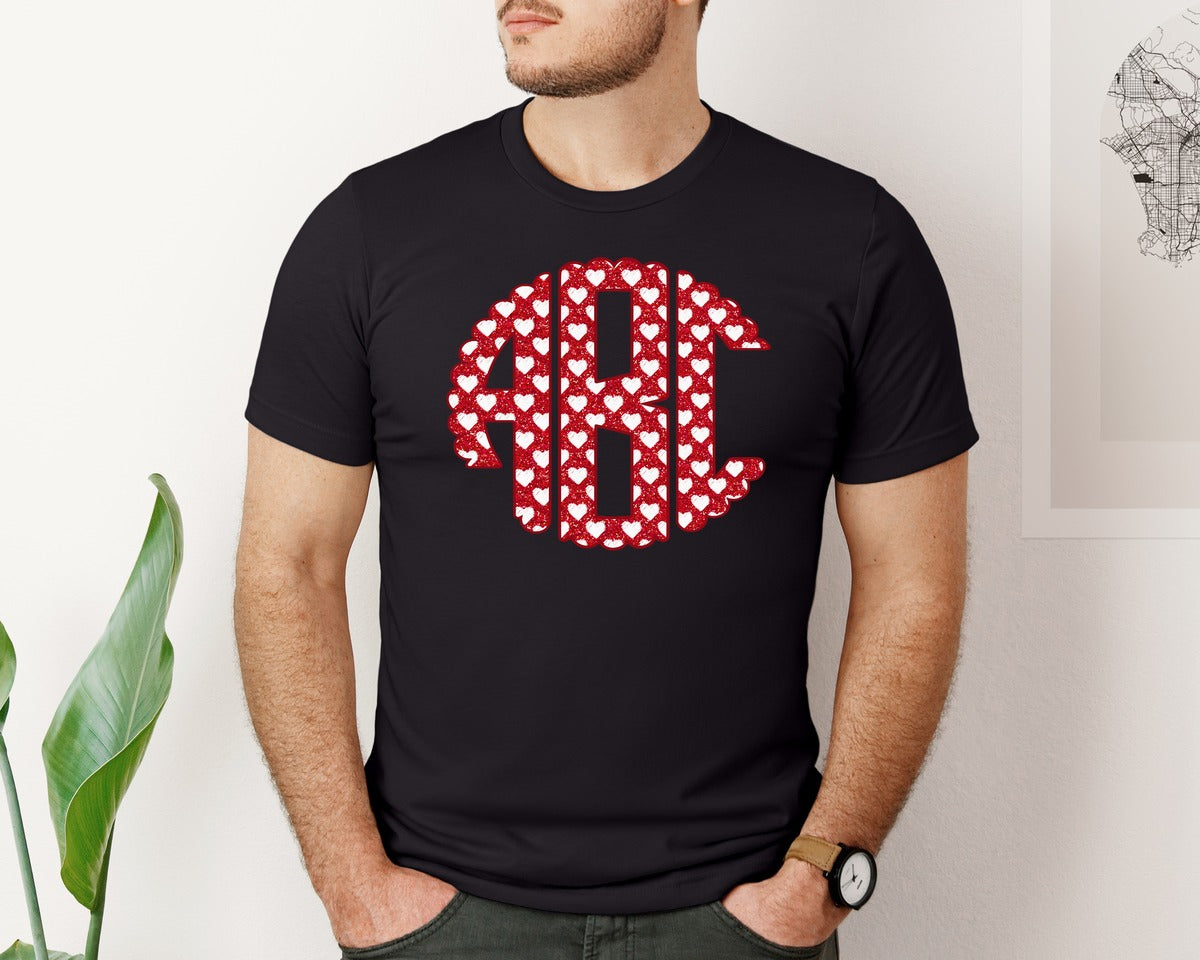 brand:Bella Canvas|color:Black|Valentine Red White Hearts Monogram Set Graphic T-Shirt