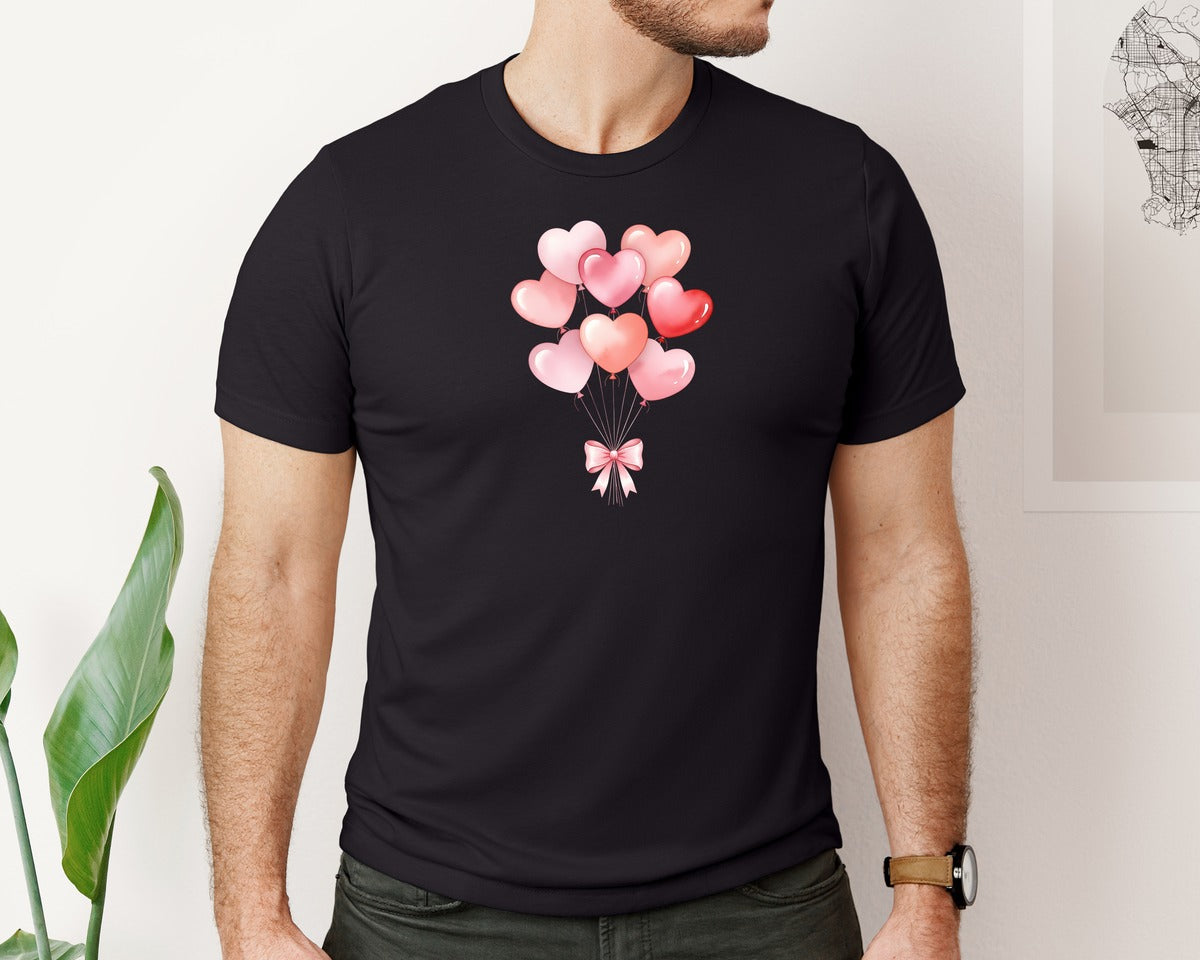 brand:Bella Canvas|color:Black|Valentine Heart Balloon Bouquet Pink Bow Graphic T-Shirt