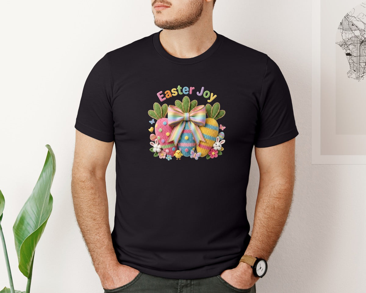 brand:Bella Canvas|color:Black|Glitter Bow Easter Joy Crochet Graphic T-Shirt