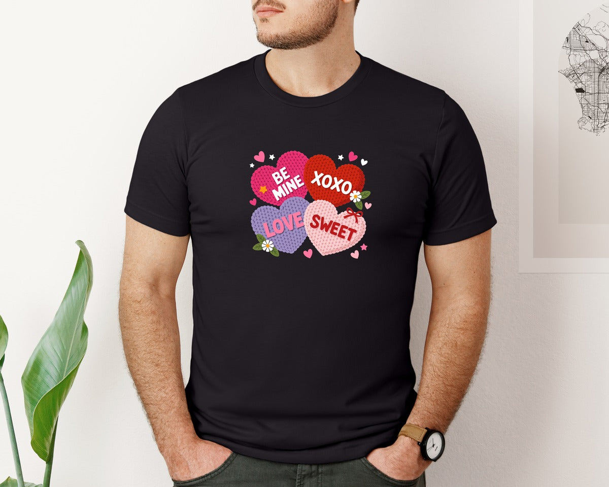 brand:Bella Canvas|color:Black|Faux Yarn Valentines Heart Candy Graphic T-Shirt