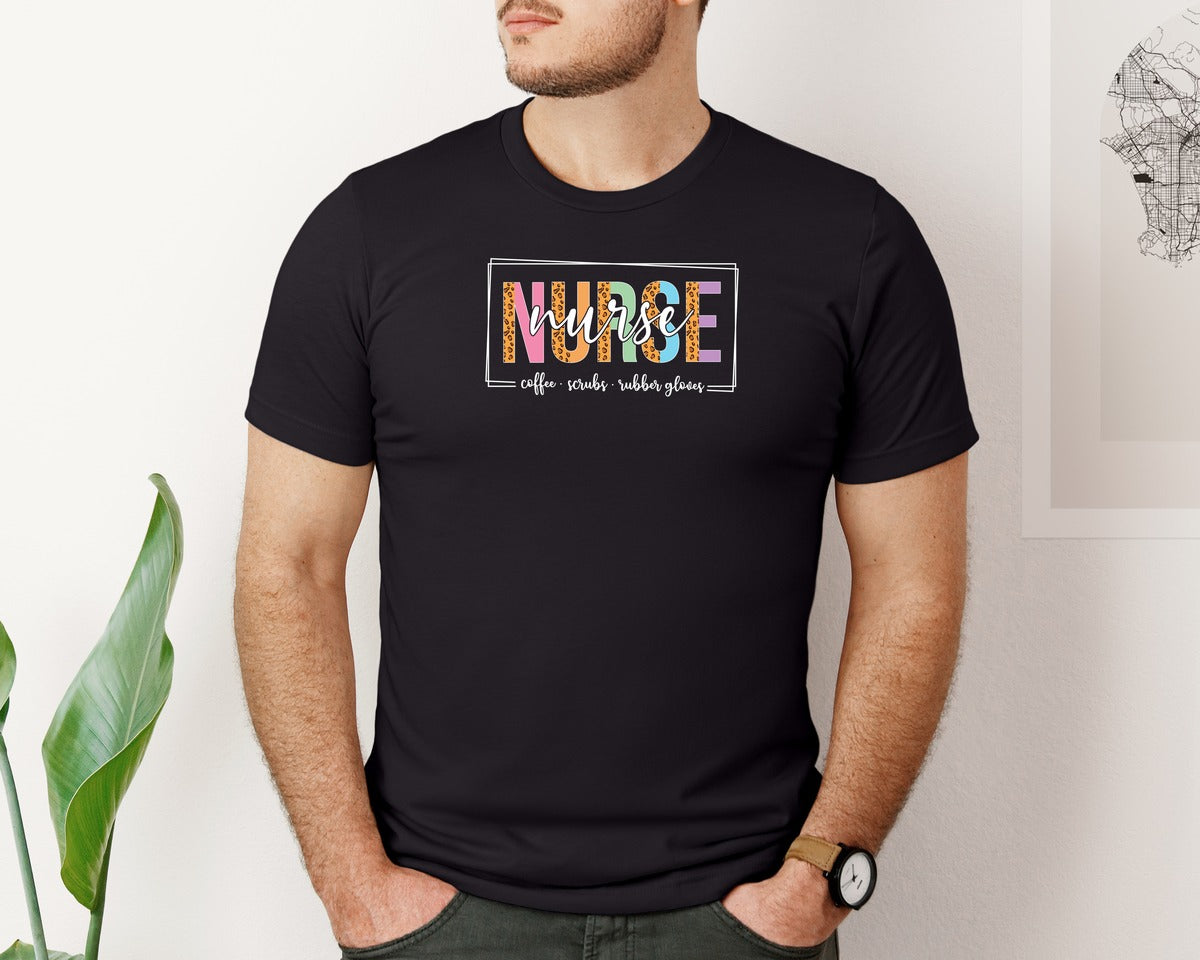 brand:Bella Canvas|color:Black|Colorful Leopard Print Nurse T Shirt Graphic T-Shirt