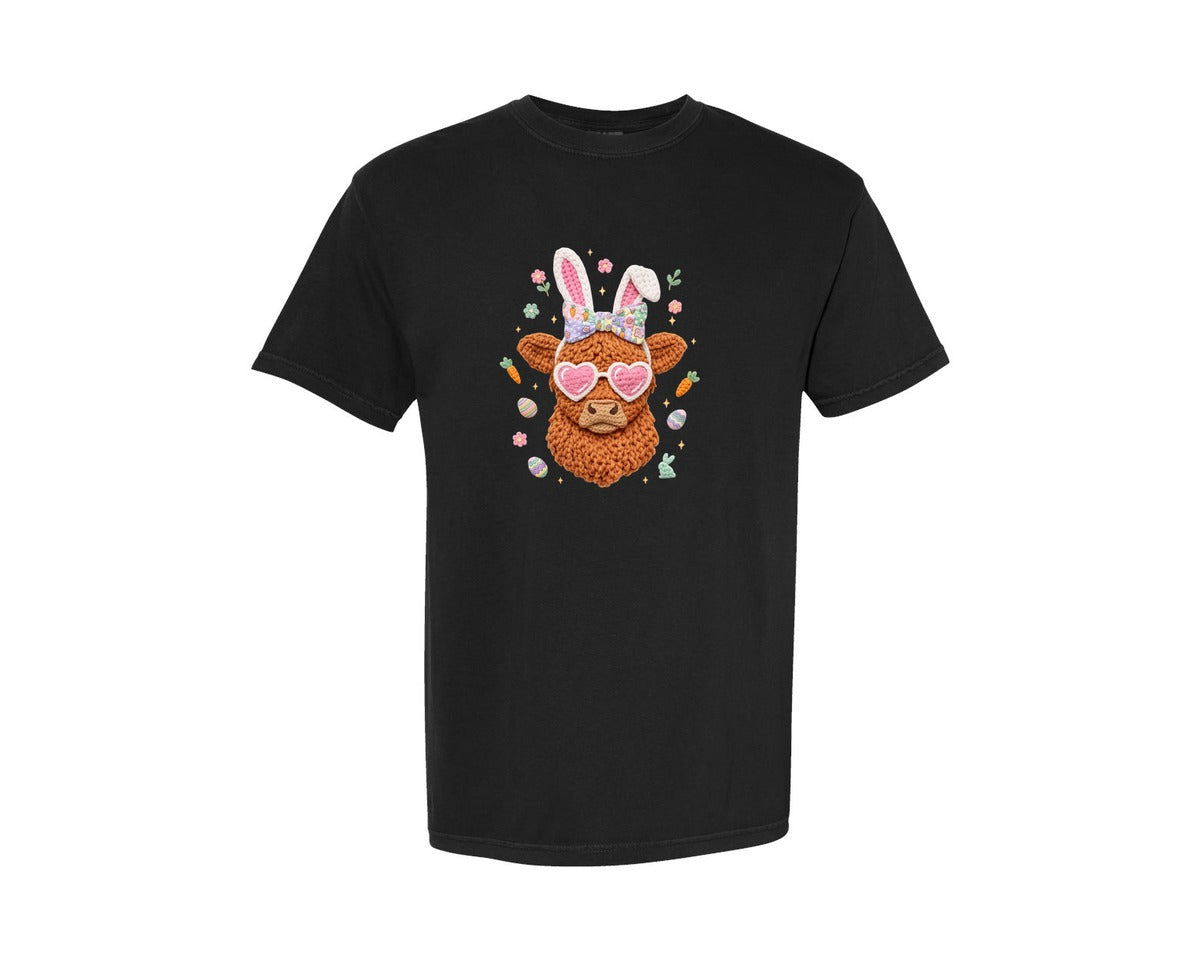 brand:Comfort Colors|color:Black|Crochet Easter Day Highland Cow 2 Graphic T-Shirt