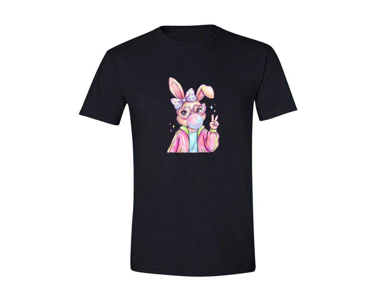 brand:Generic|color:Black|Easter Bunny Girl With Bubble Gum Graphic T-Shirt