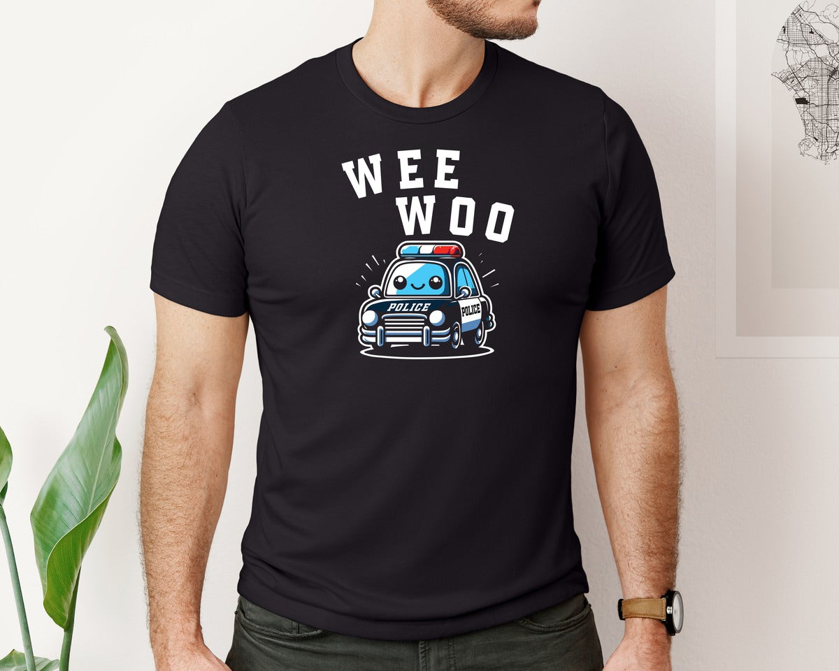 brand:Bella Canvas|color:Black|Wee Woo Police Car Funny Cute Shirt Graphic T-Shirt