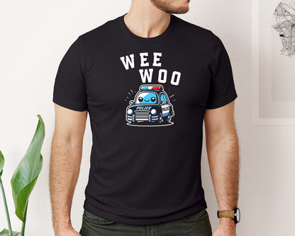 brand:Bella Canvas|color:Black|Wee Woo Police Car Funny Cute Shirt Graphic T-Shirt