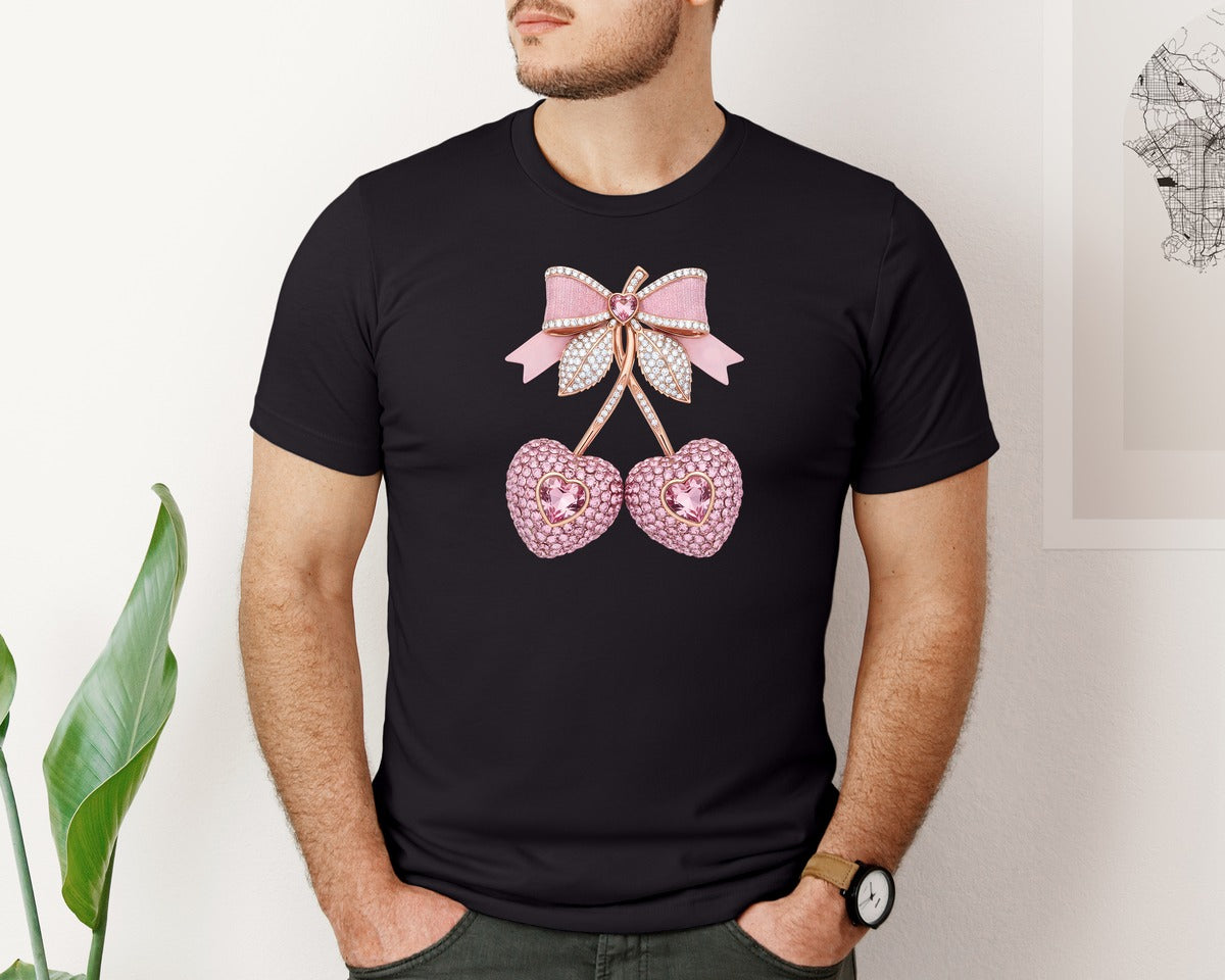 brand:Bella Canvas|color:Black|Valentine Cherry Rhinestone Graphic T-Shirt
