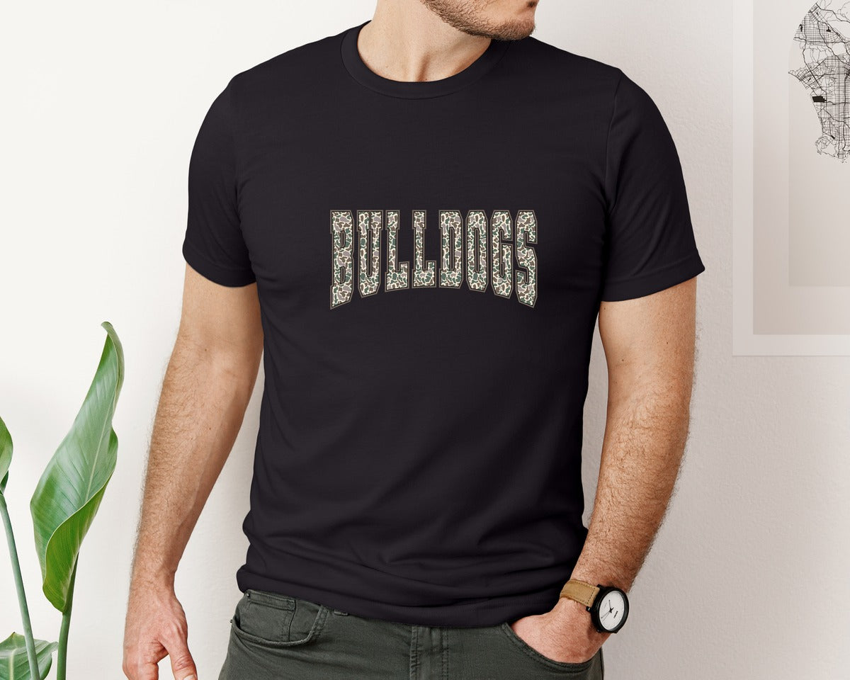 brand:Bella Canvas|color:Black|Camouflage School Mascot Camo Bulldogs Graphic T-Shirt