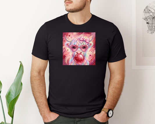 Valentine Highland Cow With Bubblegum Graphic T-Shirt
