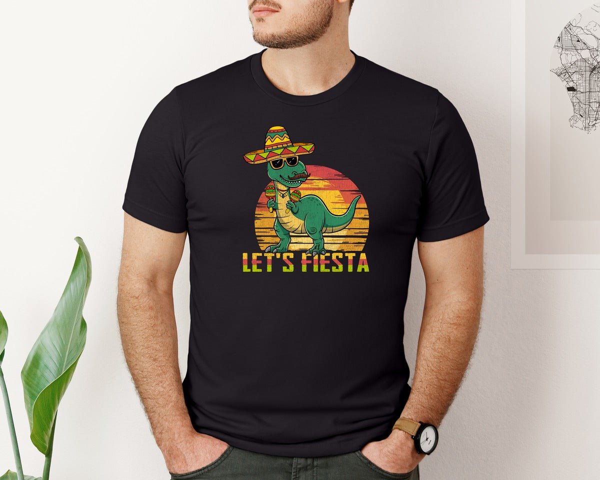 brand:Bella Canvas|color:Black|Lets Fiesta Dinosaur Cinco De Mayo Graphic T-Shirt