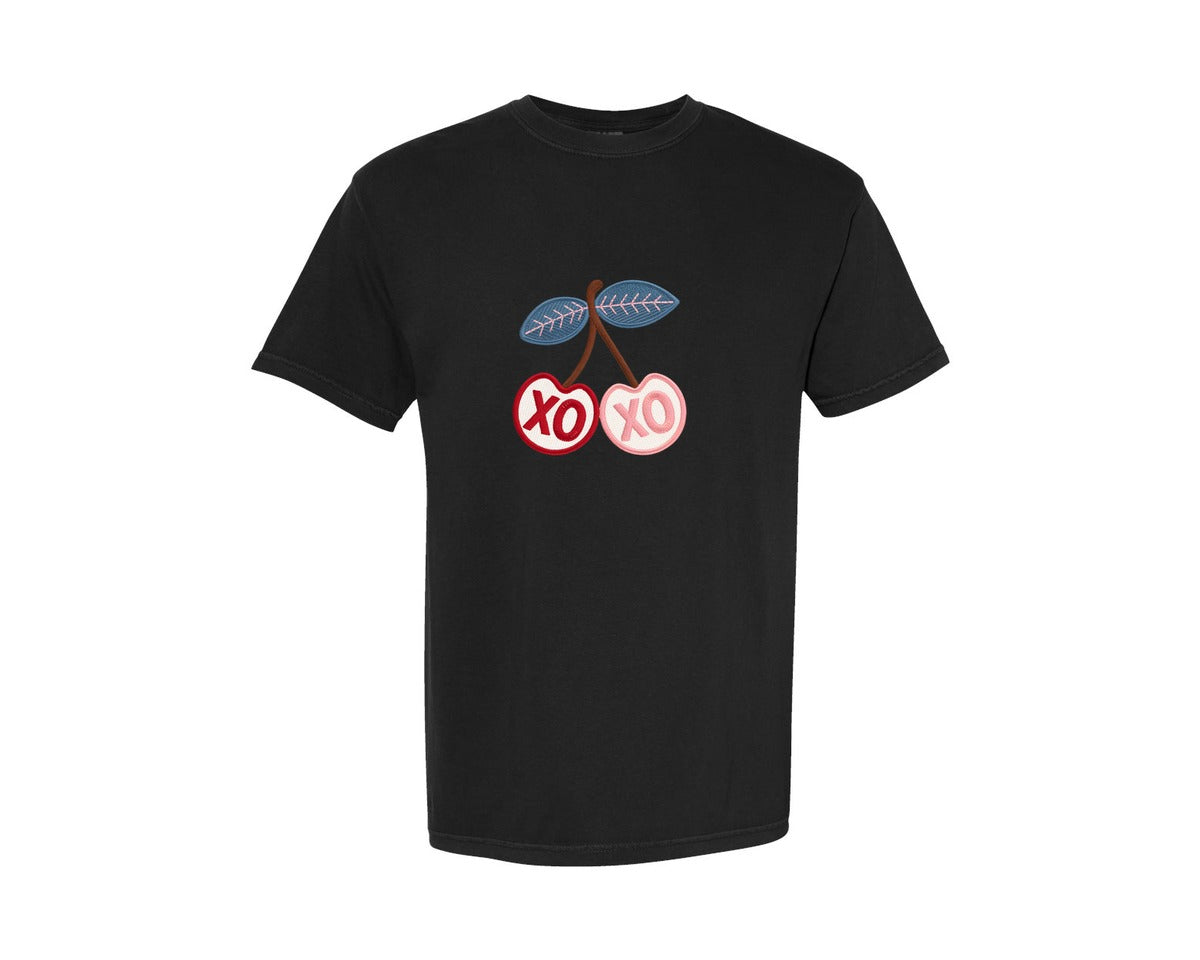 brand:Comfort Colors|color:Black|Xo Embroidery Cherry Graphic T-Shirt
