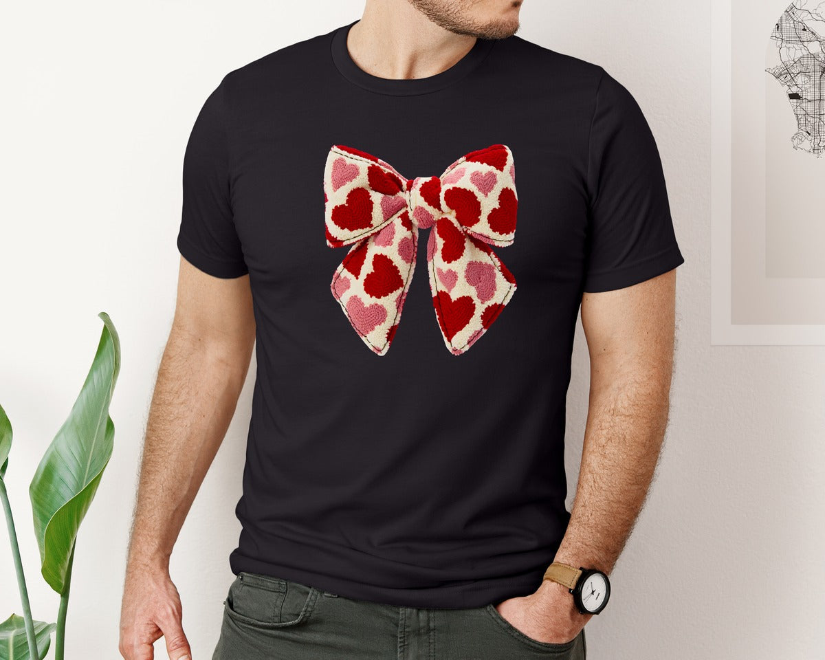 brand:Bella Canvas|color:Black|Faux Yarn Crochet Coquette Heart Bow Graphic T-Shirt