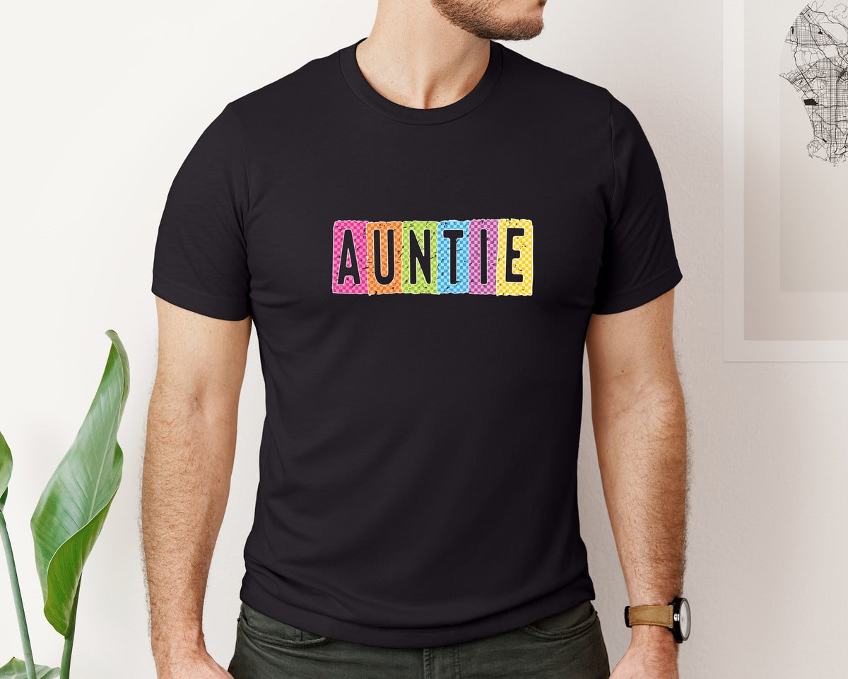 brand:Bella Canvas|color:Black|Neon Auntie Retro Checkered Aunt Graphic T-Shirt