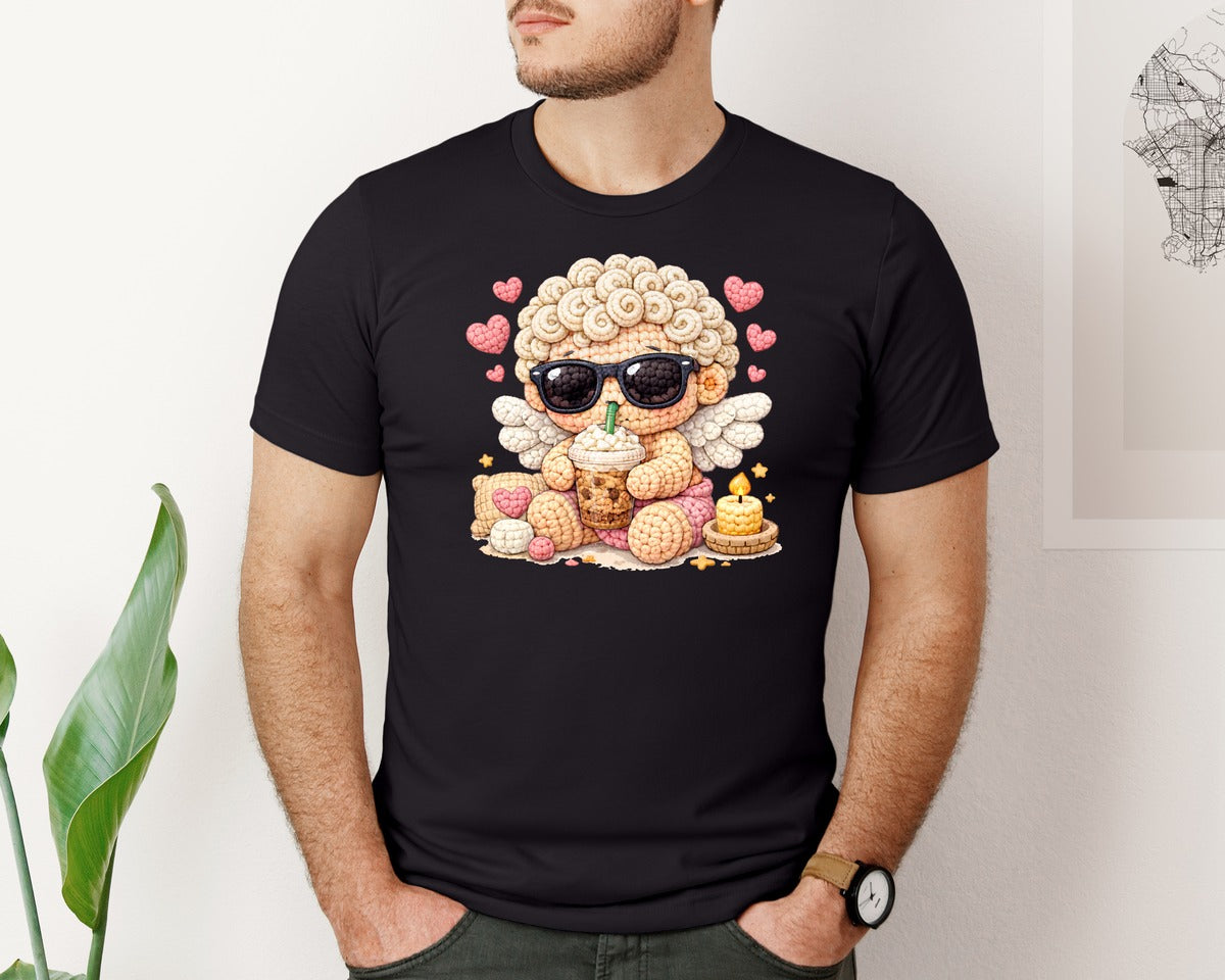 brand:Bella Canvas|color:Black|Crochet Cupid Frappe Graphic T-Shirt