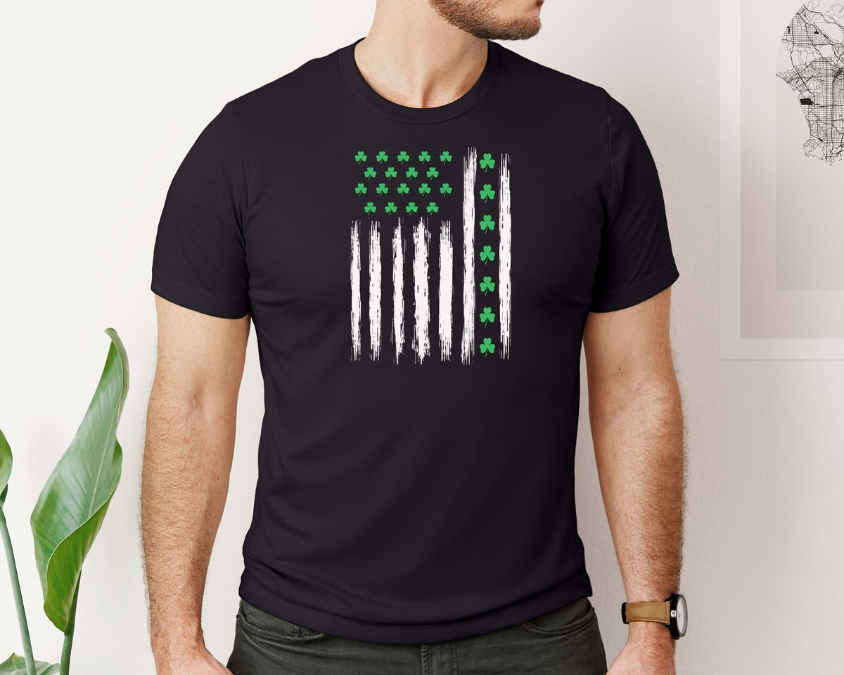 brand:Bella Canvas|color:Black|St Patricks Day Shamrock Usa Flag Graphic T-Shirt