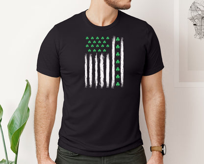 brand:Bella Canvas|color:Black|St Patricks Day Shamrock Usa Flag Graphic T-Shirt
