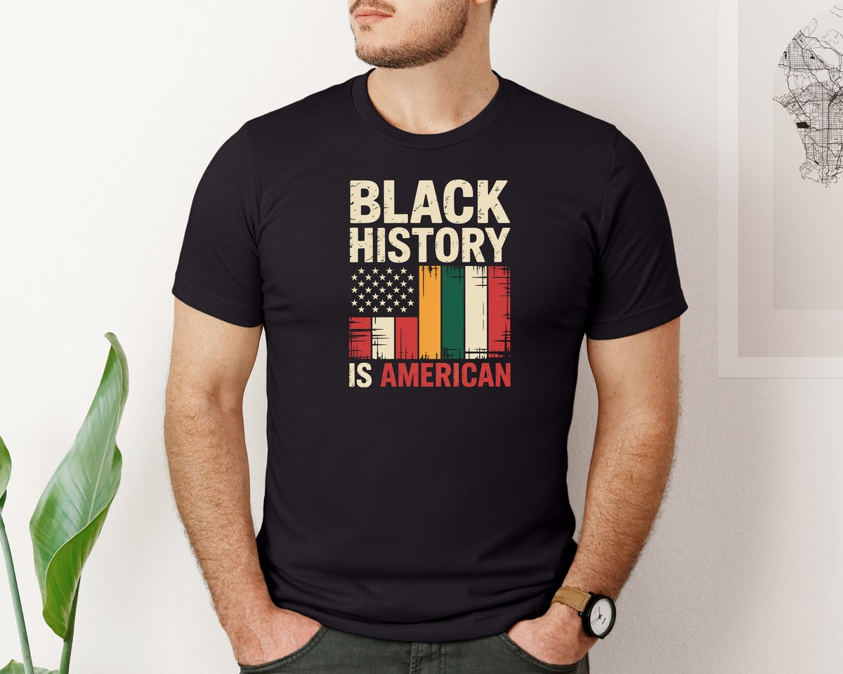 brand:Bella Canvas|color:Black|Black History American Flag Afrocen Graphic T-Shirt