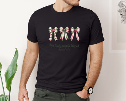 brand:Bella Canvas|color:Black|Not Lucky Simply Blessed Bow Graphic T-Shirt