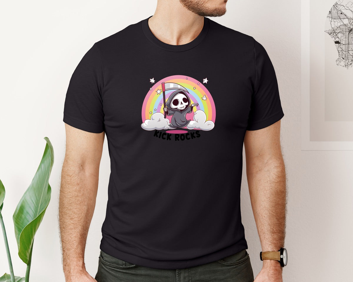 brand:Bella Canvas|color:Black|Kick Rocks Cute Grim Reaper Graphic T-Shirt