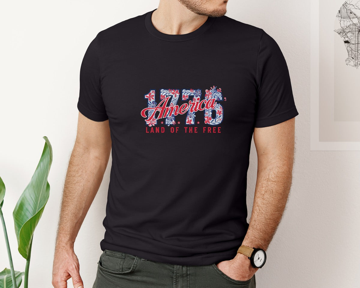 brand:Bella Canvas|color:Black|1776 America Bold Floral Usa Graphic T-Shirt
