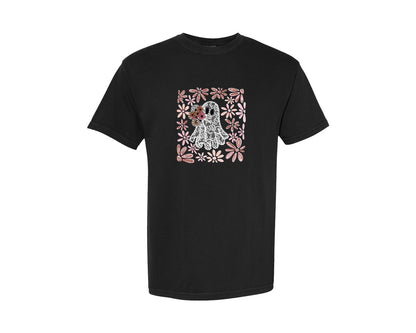 brand:Comfort Colors|color:Black|Lace Ghost Halloween Preppy Ghost Graphic T-Shirt