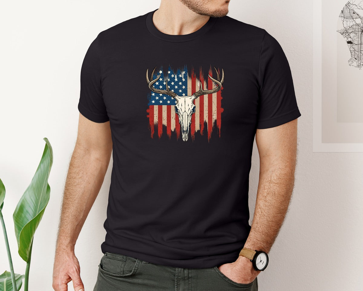 brand:Bella Canvas|color:Black|Patriotic Deer Skull Usa Flag Shirt Graphic T-Shirt