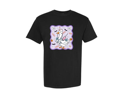 brand:Comfort Colors|color:Black|Silly Goose Coquette Halloween Nurse Graphic T-Shirt